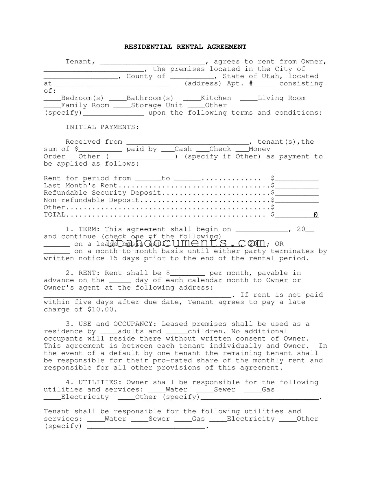 Blank Agreement Utah Form