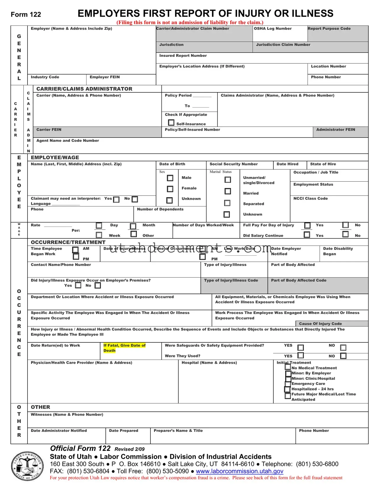 Blank Official 122 Utah Form
