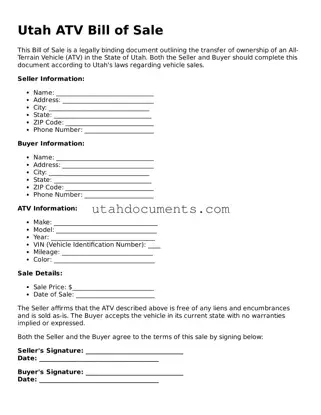 Attorney-Approved  ATV Bill of Sale Document for Utah