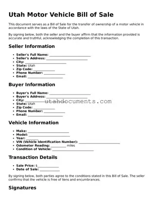 Attorney-Approved  Motor Vehicle Bill of Sale Document for Utah