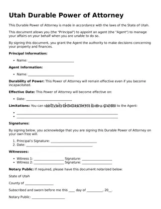 Attorney-Approved  Durable Power of Attorney Document for Utah