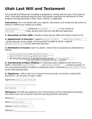 Attorney-Approved  Last Will and Testament Document for Utah