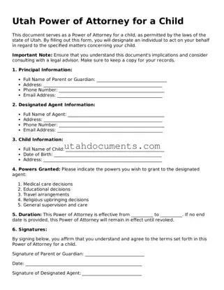 Attorney-Approved  Power of Attorney for a Child Document for Utah