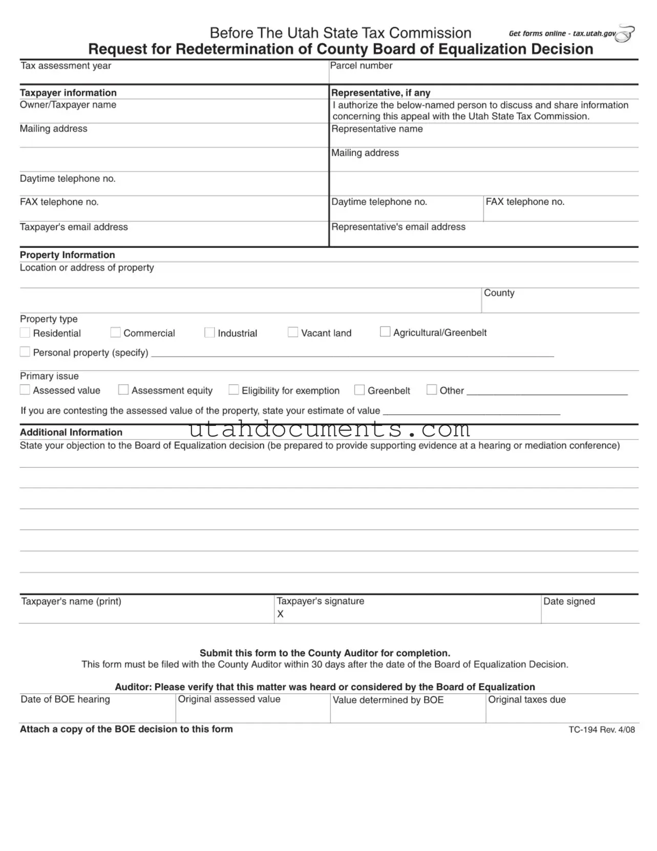 Blank Tc 194 Utah Form