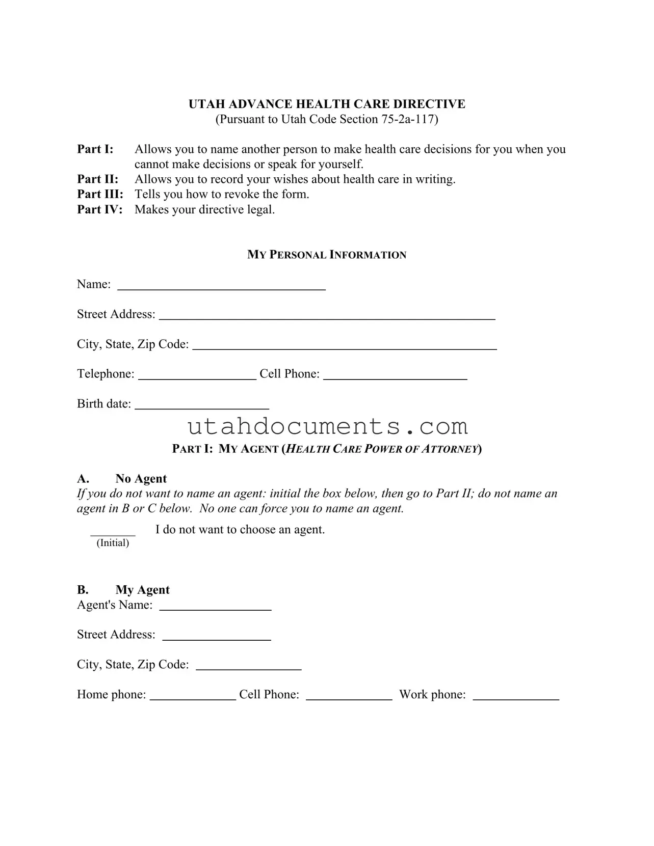 Blank Utah Advance Health Care Form