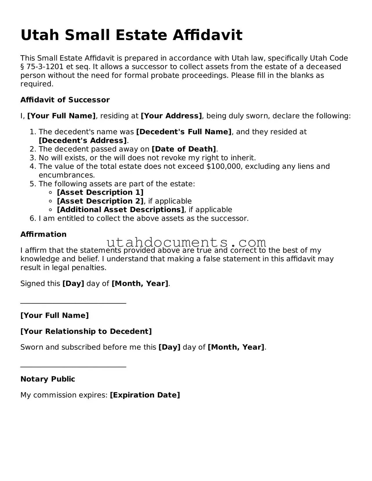 Attorney-Approved  Small Estate Affidavit Document for Utah