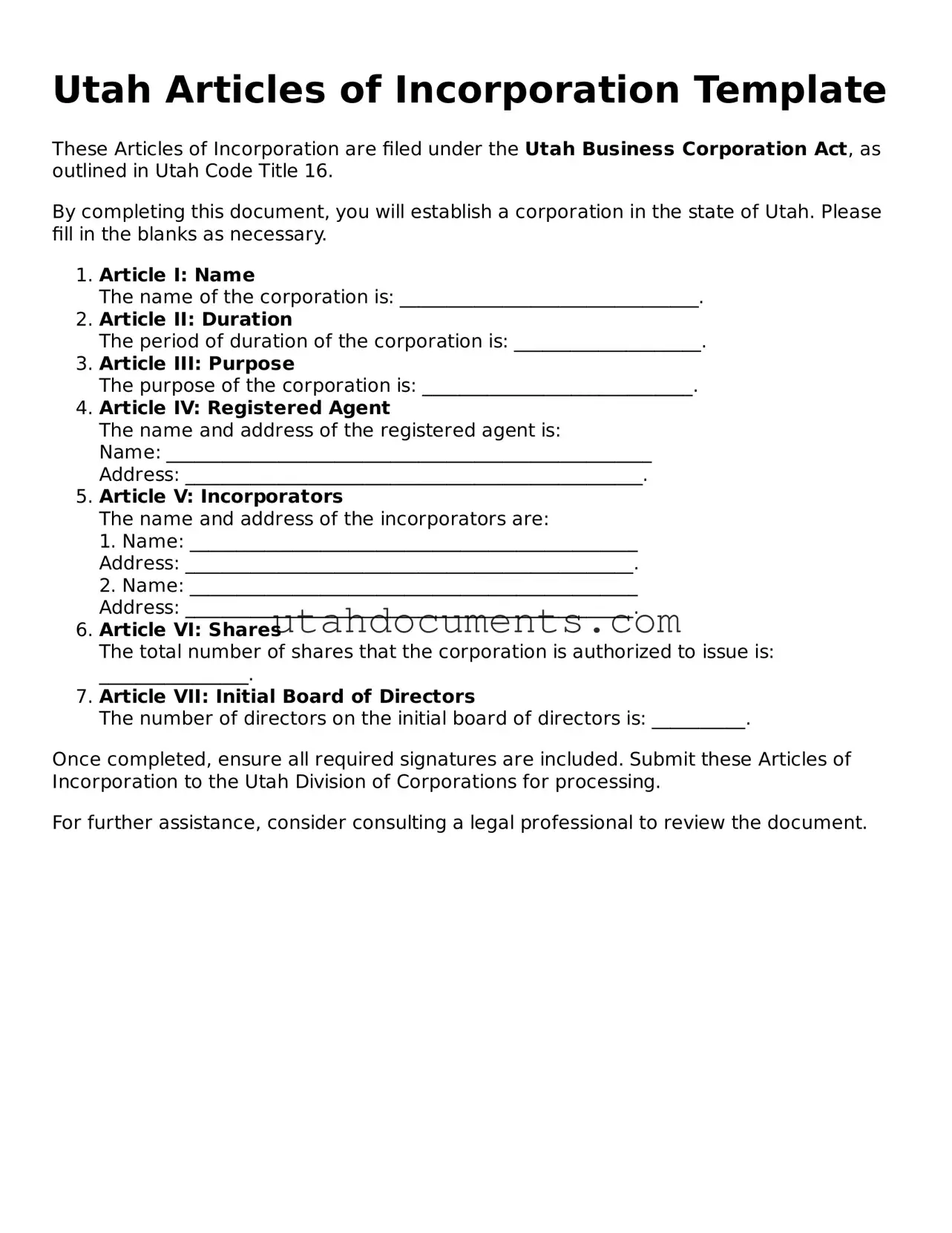 Attorney-Approved  Articles of Incorporation Document for Utah