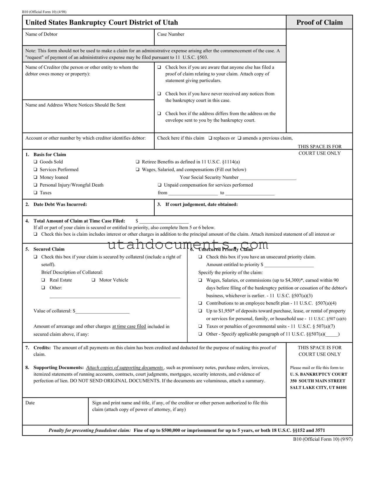 Blank Utah B10 Form