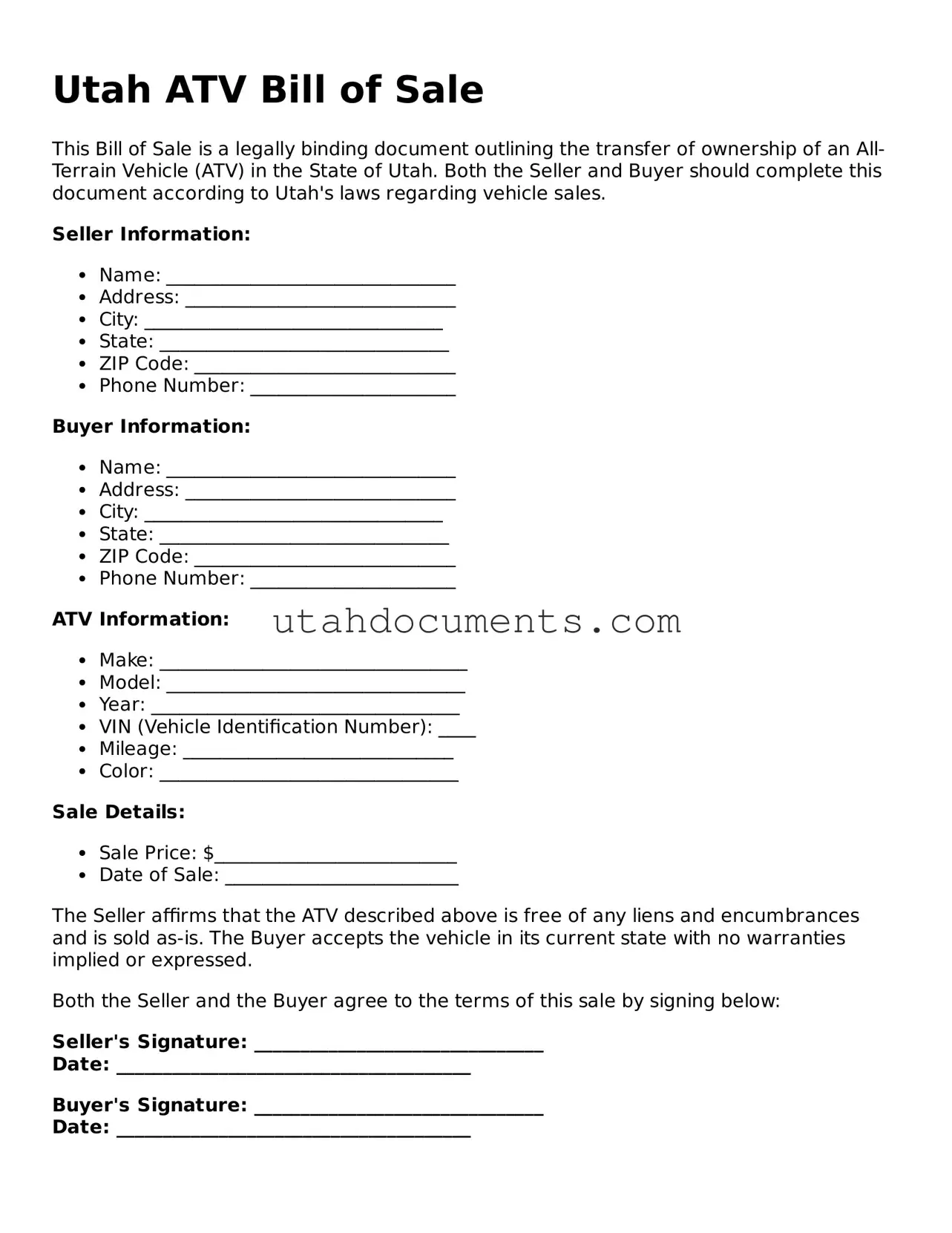 Attorney-Approved  ATV Bill of Sale Document for Utah