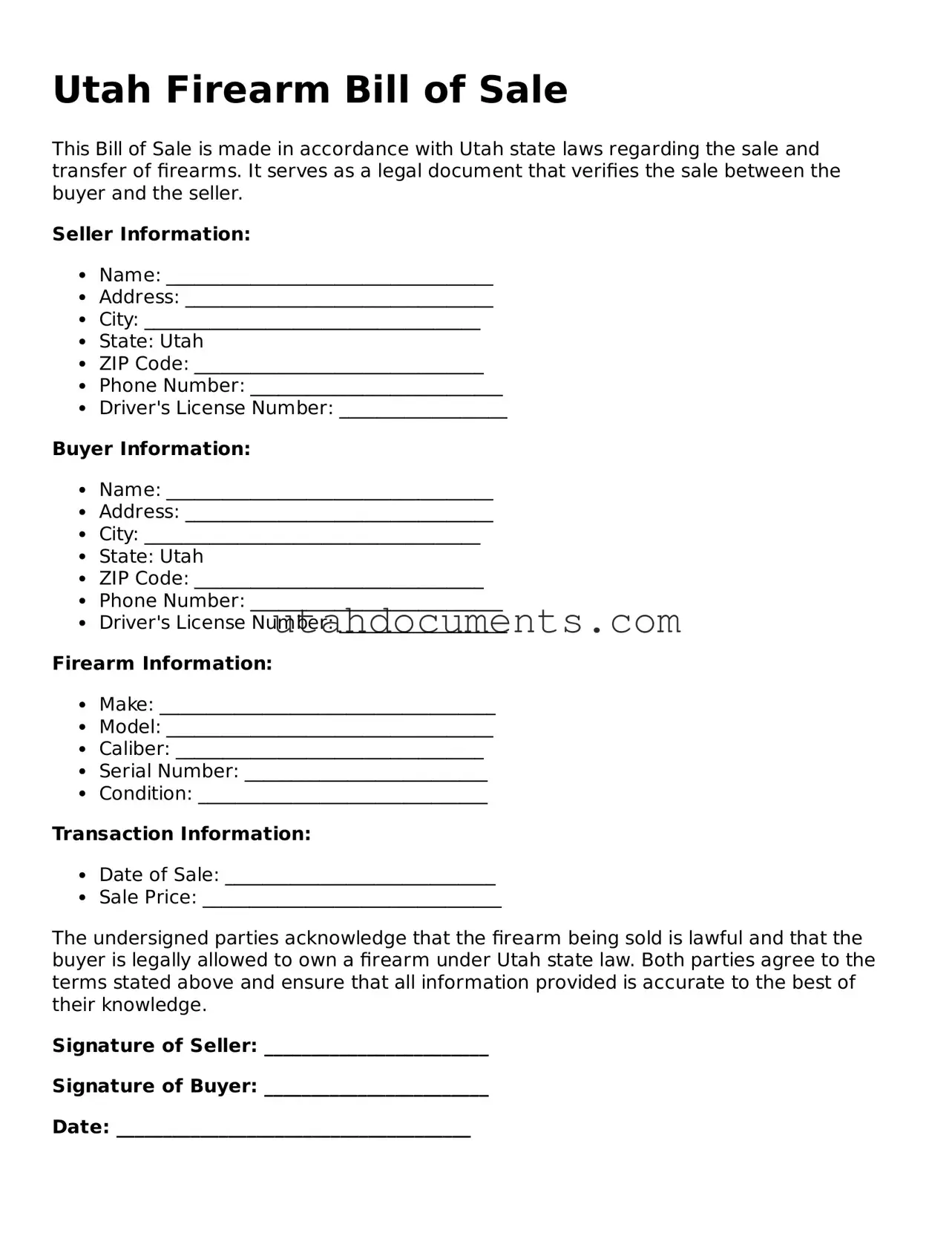 Attorney-Approved  Firearm Bill of Sale Document for Utah