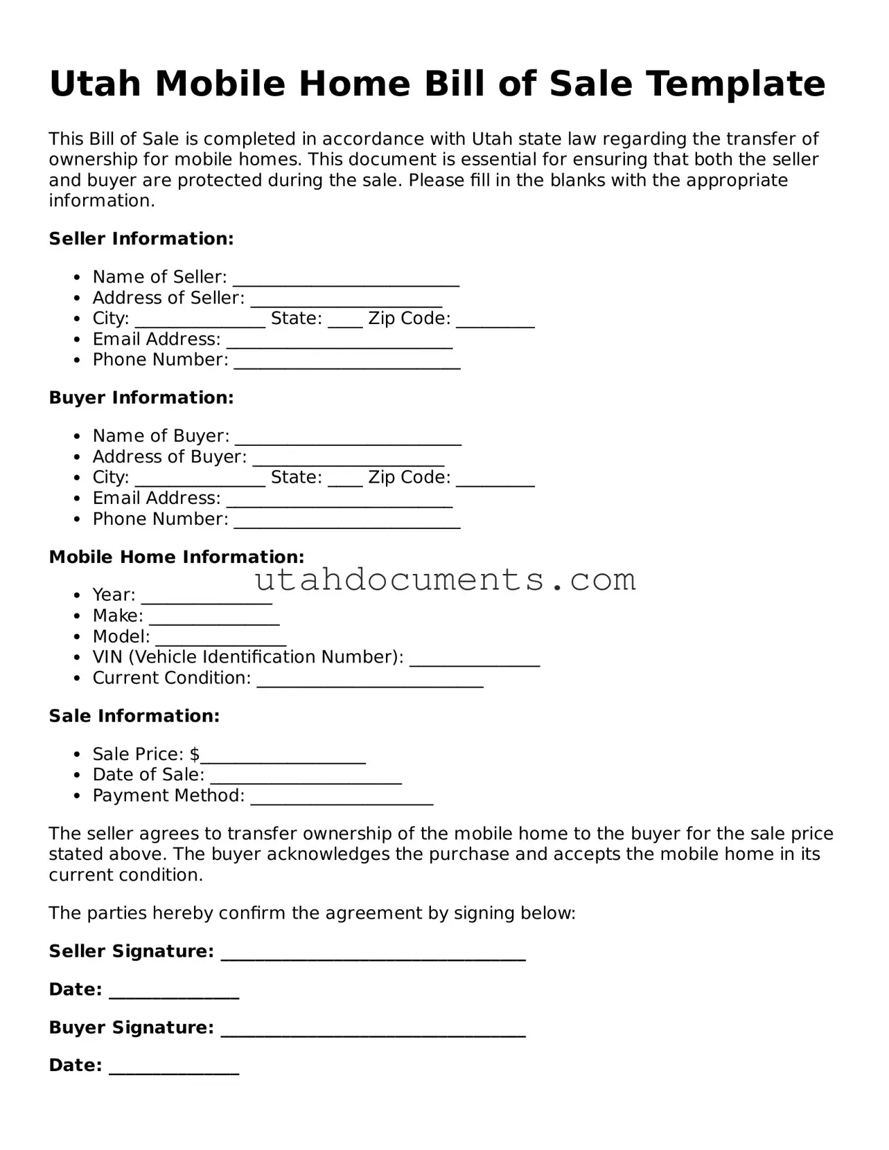 Attorney-Approved  Mobile Home Bill of Sale Document for Utah