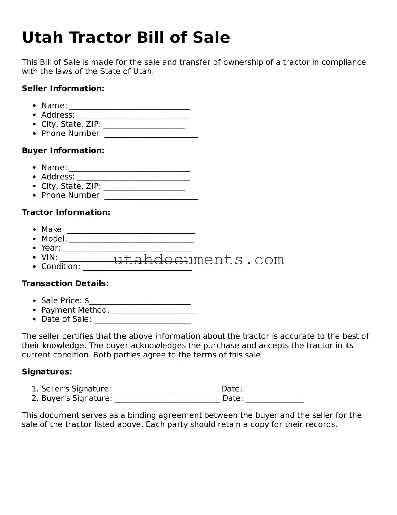 Attorney-Approved  Tractor Bill of Sale Document for Utah