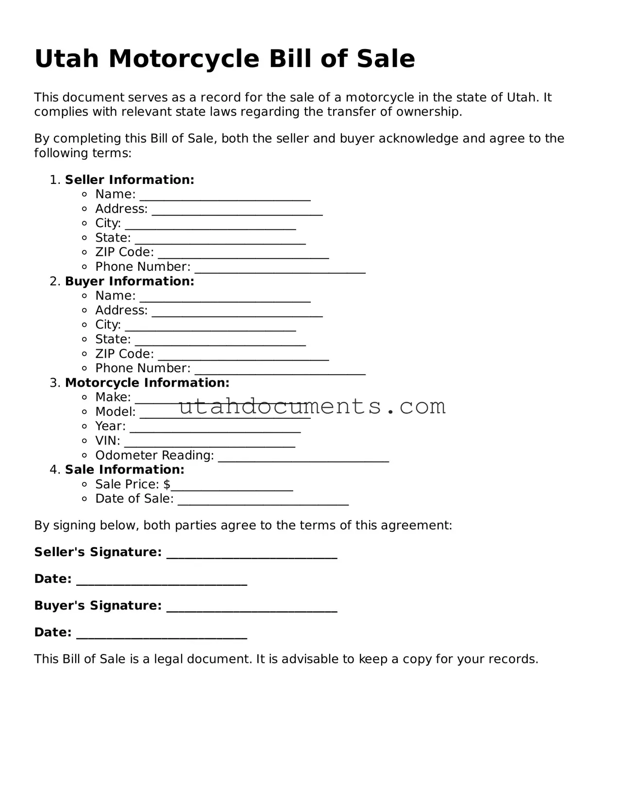 Attorney-Approved  Motorcycle Bill of Sale Document for Utah