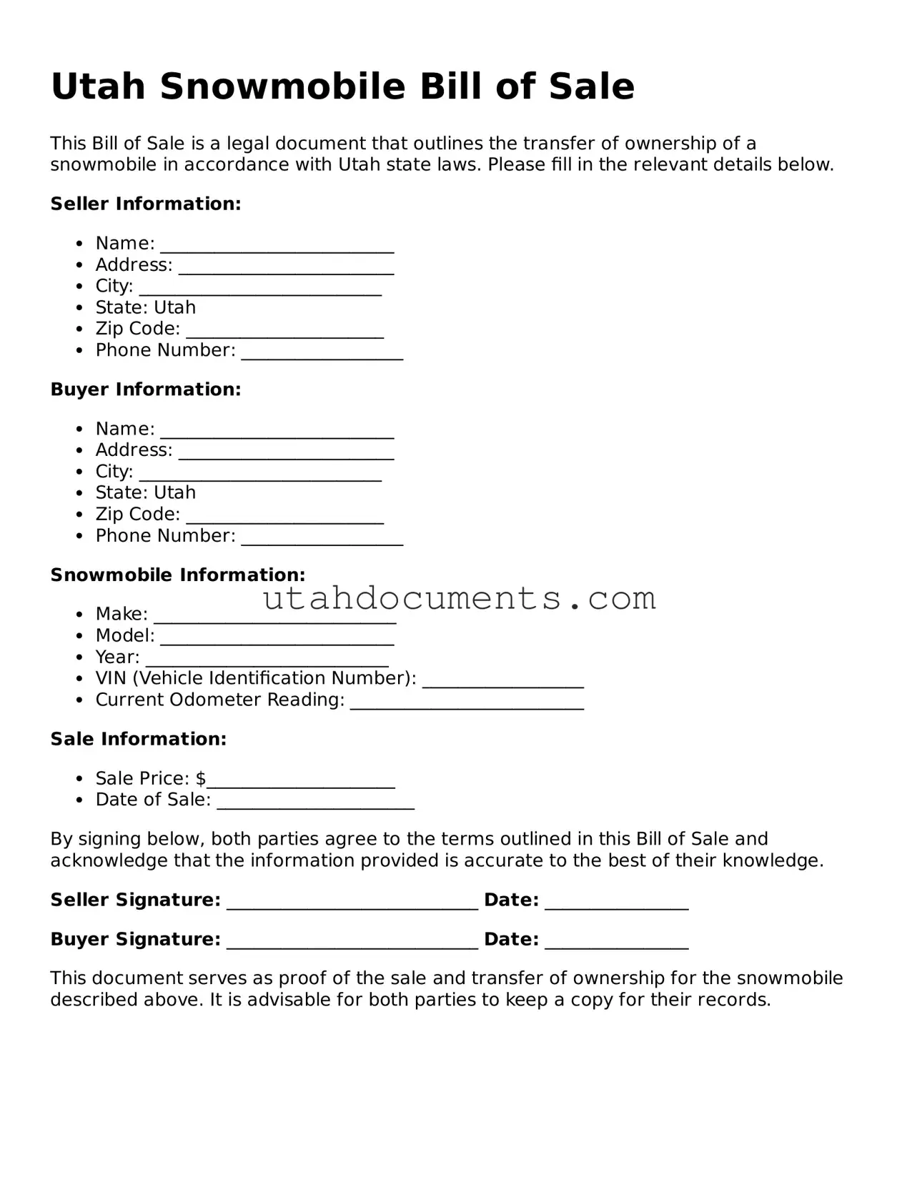 Attorney-Approved  Snowmobile Bill of Sale Document for Utah