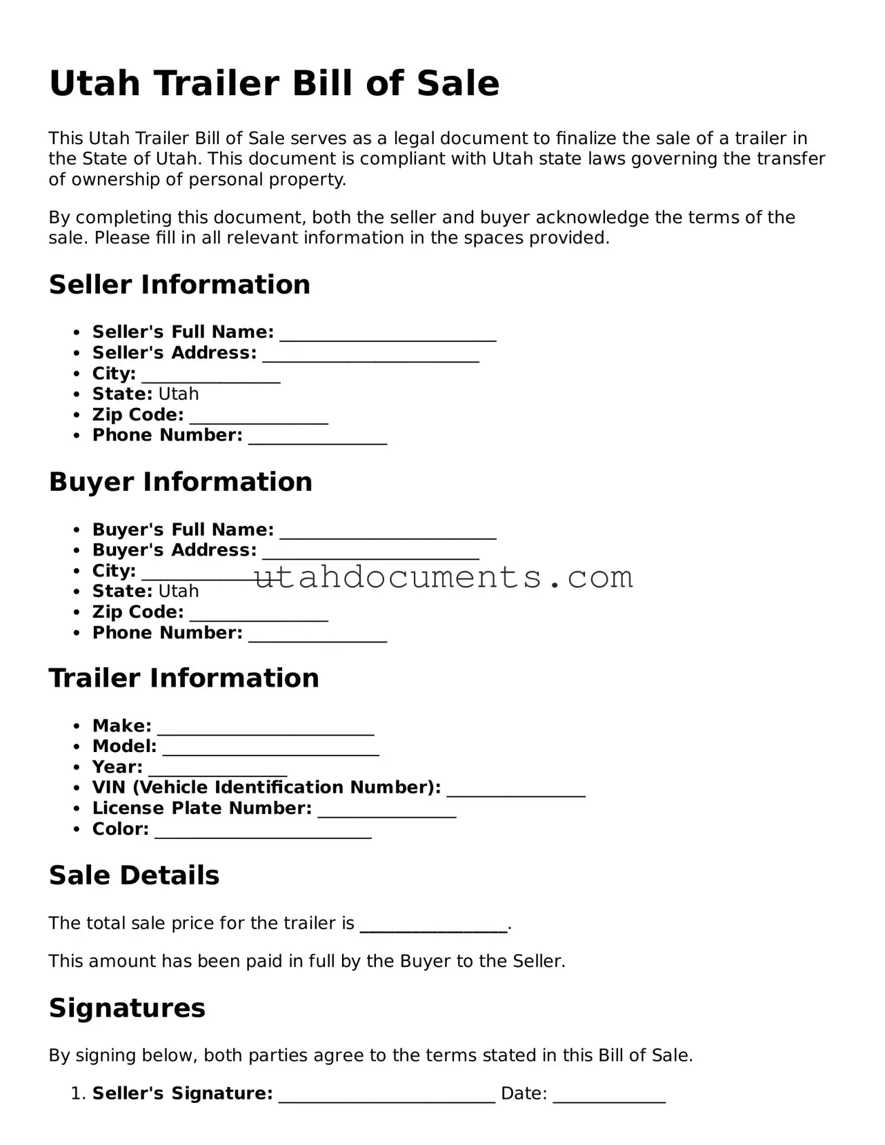 Attorney-Approved  Trailer Bill of Sale Document for Utah