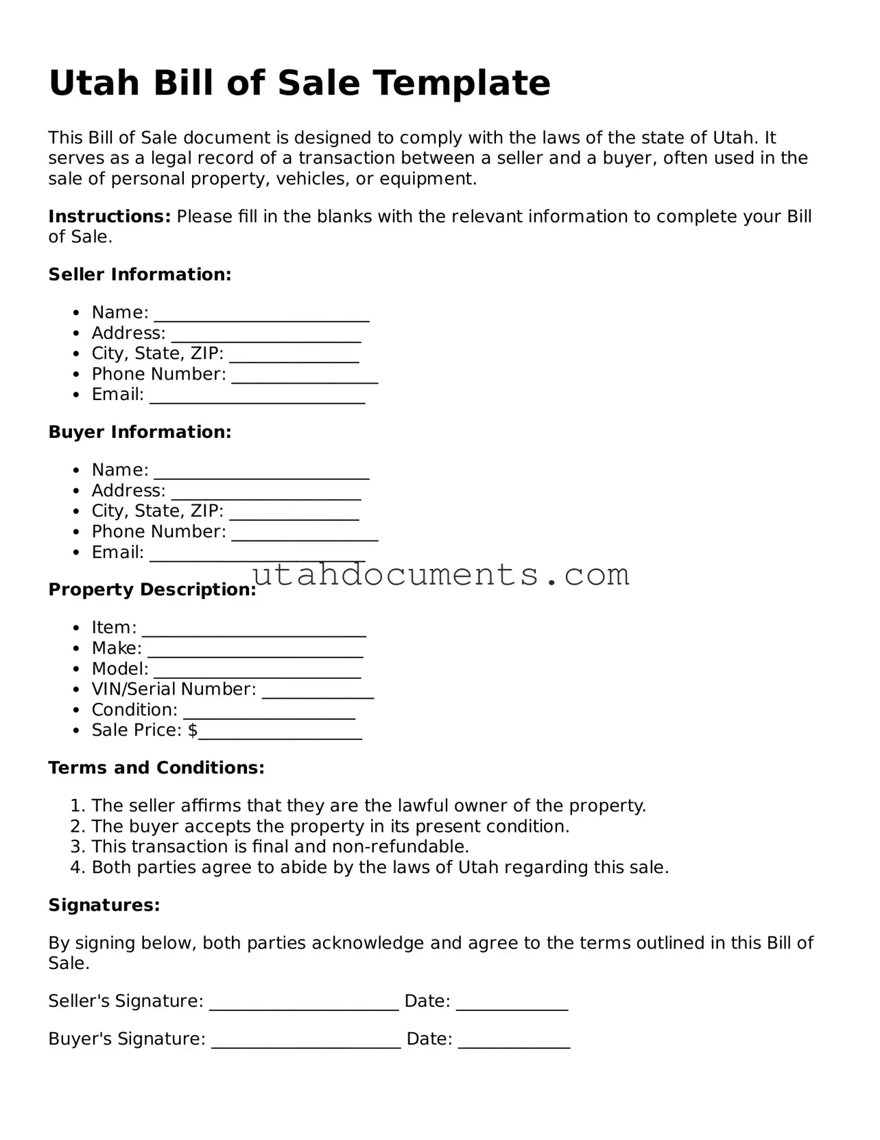 Attorney-Approved  Bill of Sale Document for Utah