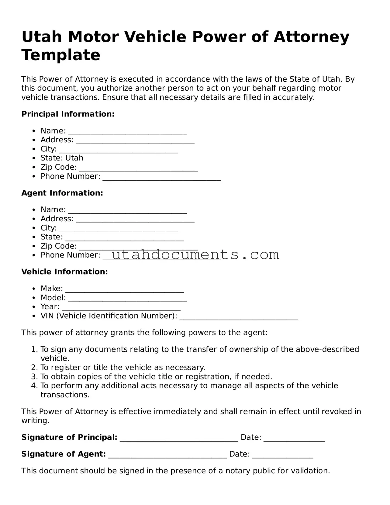 Attorney-Approved  Motor Vehicle Power of Attorney Document for Utah