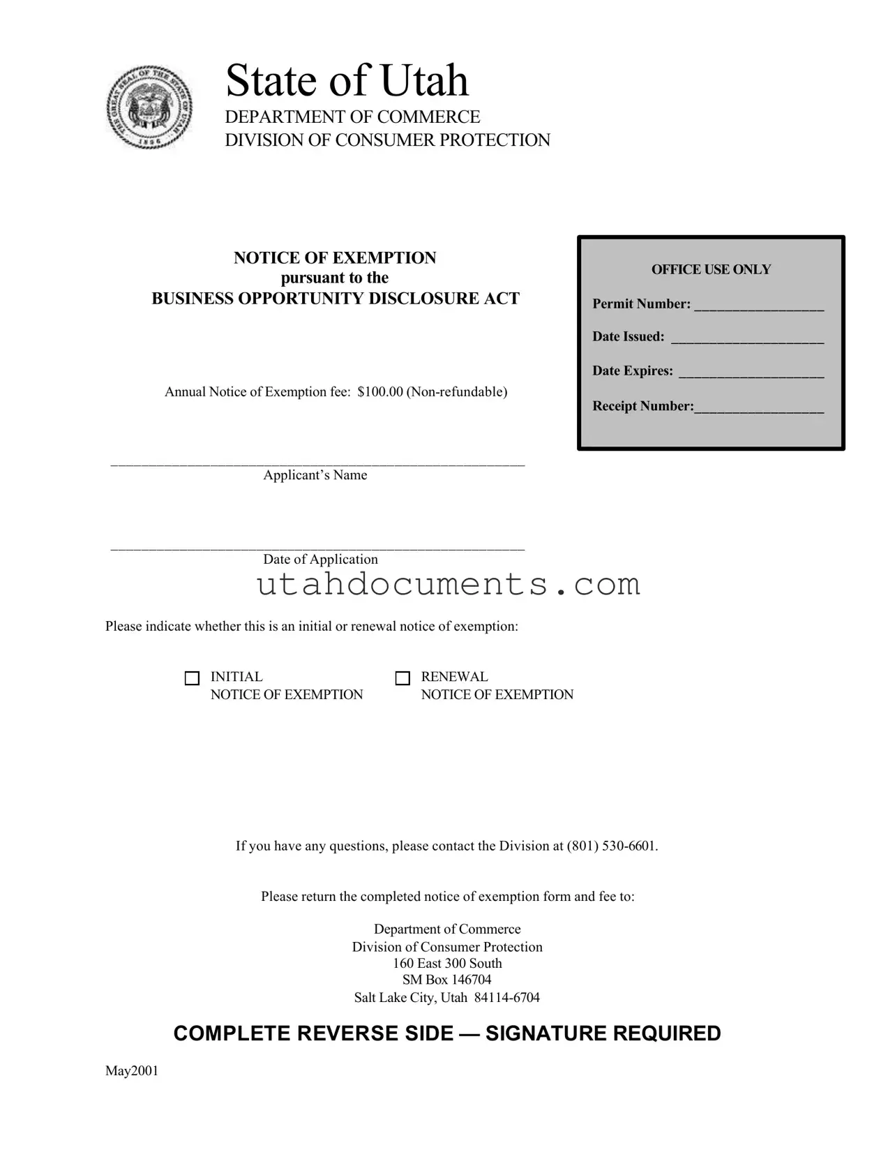 Blank Utah Department Commerce Notice Form
