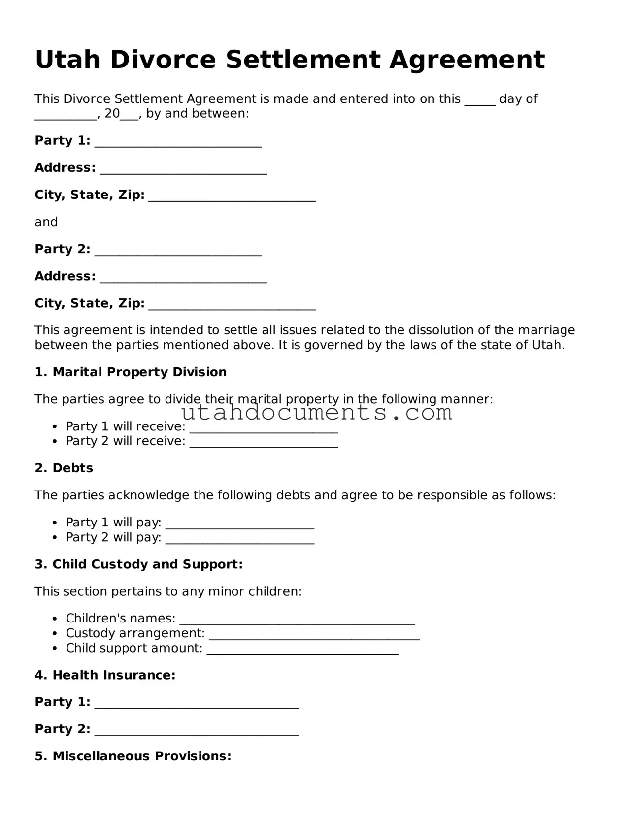 Attorney-Approved  Divorce Settlement Agreement Document for Utah
