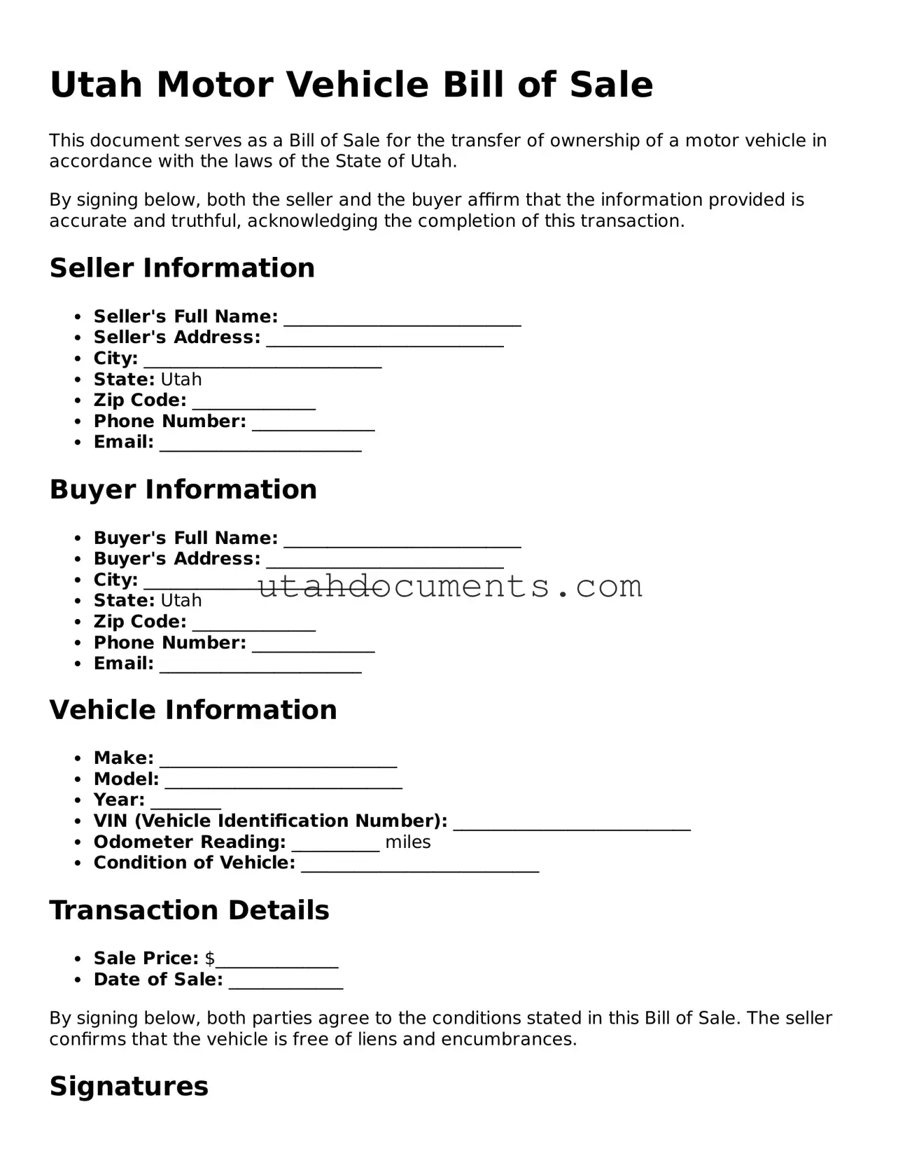 Attorney-Approved  Motor Vehicle Bill of Sale Document for Utah