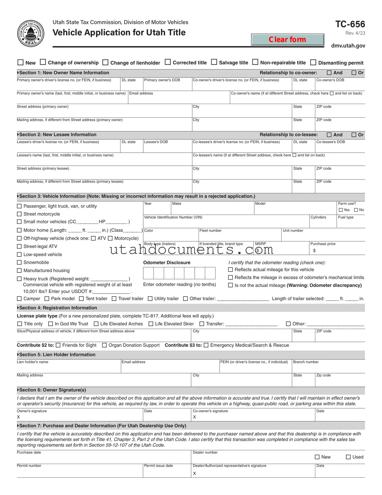 Blank Utah Dmv Tc 656 Form