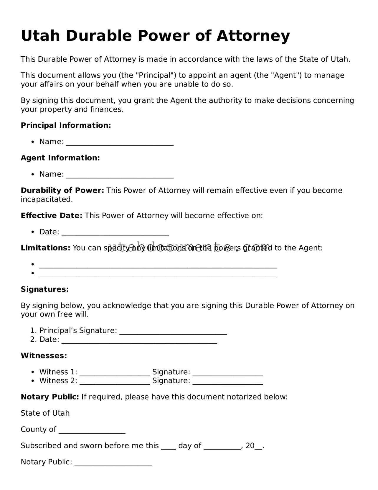 Attorney-Approved  Durable Power of Attorney Document for Utah