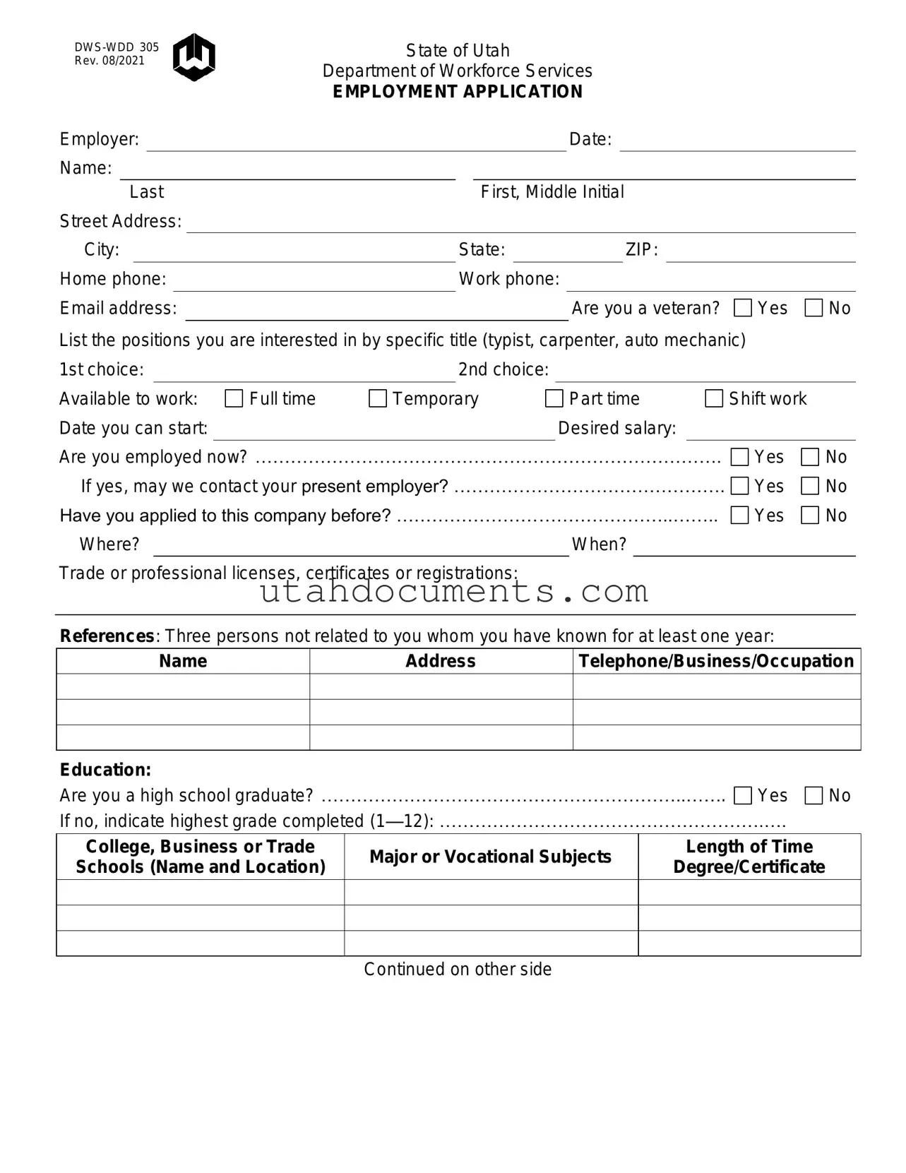 Blank Utah Dws Wdd 305 Form