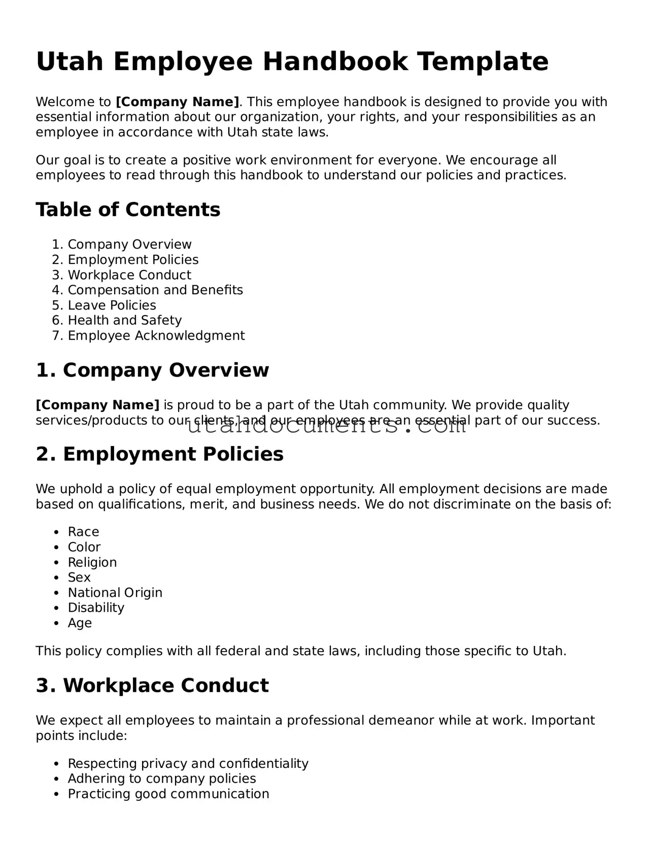 Attorney-Approved  Employee Handbook Document for Utah