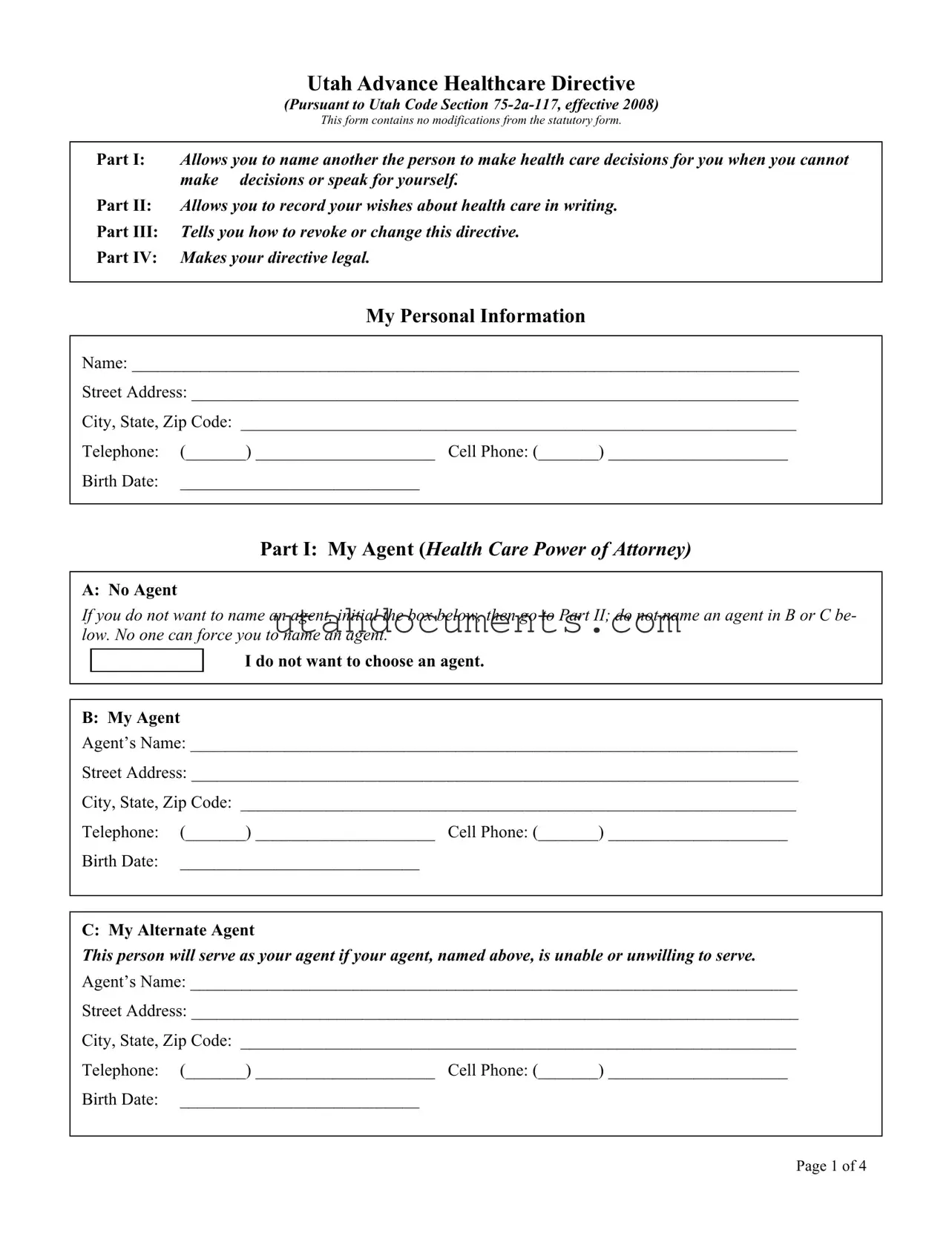Blank Utah Healthcare Directive Form