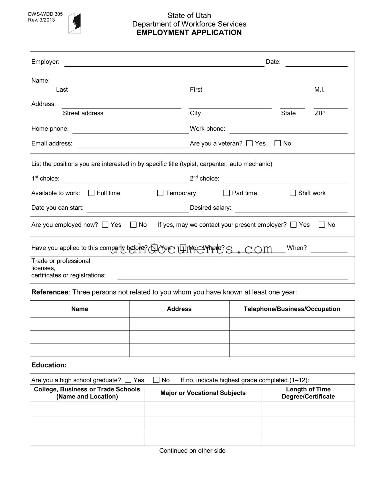 Blank Utah Job Application Form
