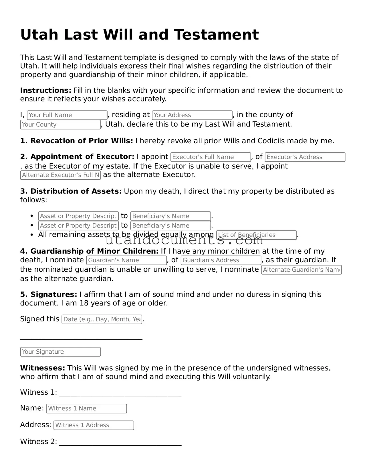 Attorney-Approved  Last Will and Testament Document for Utah
