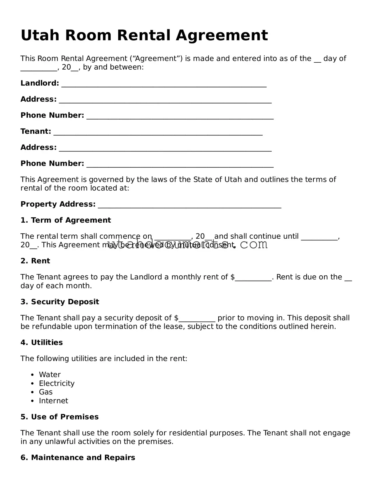 Attorney-Approved  Room Rental Agreement Document for Utah