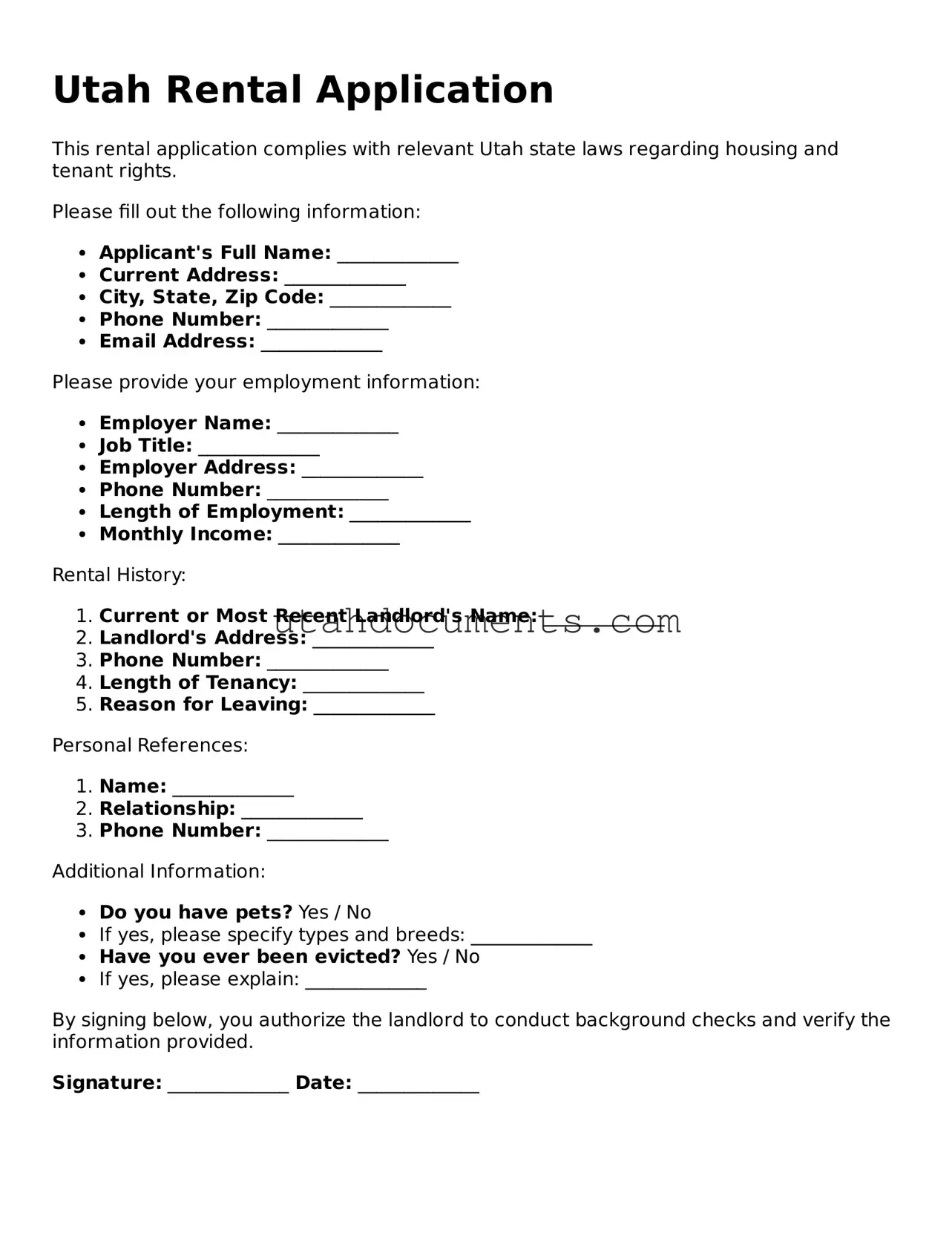 Attorney-Approved  Rental Application Document for Utah
