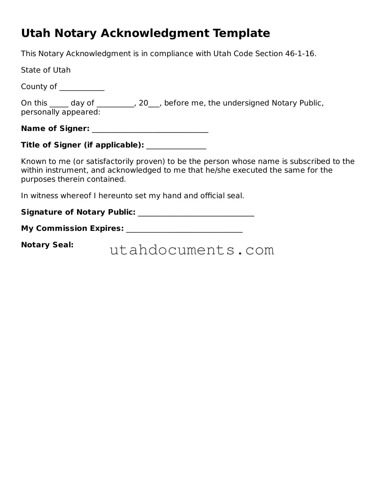 Attorney-Approved  Notary Acknowledgement Document for Utah