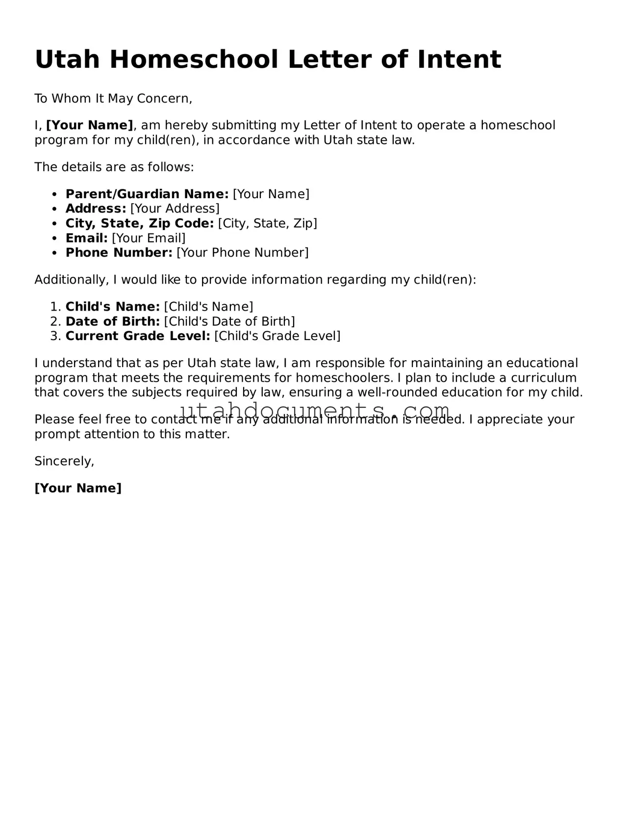 Attorney-Approved  Homeschool Letter of Intent Document for Utah