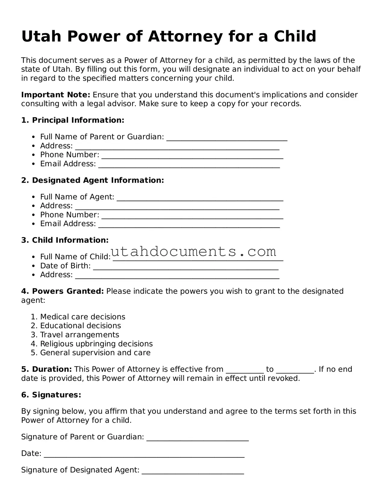 Attorney-Approved  Power of Attorney for a Child Document for Utah
