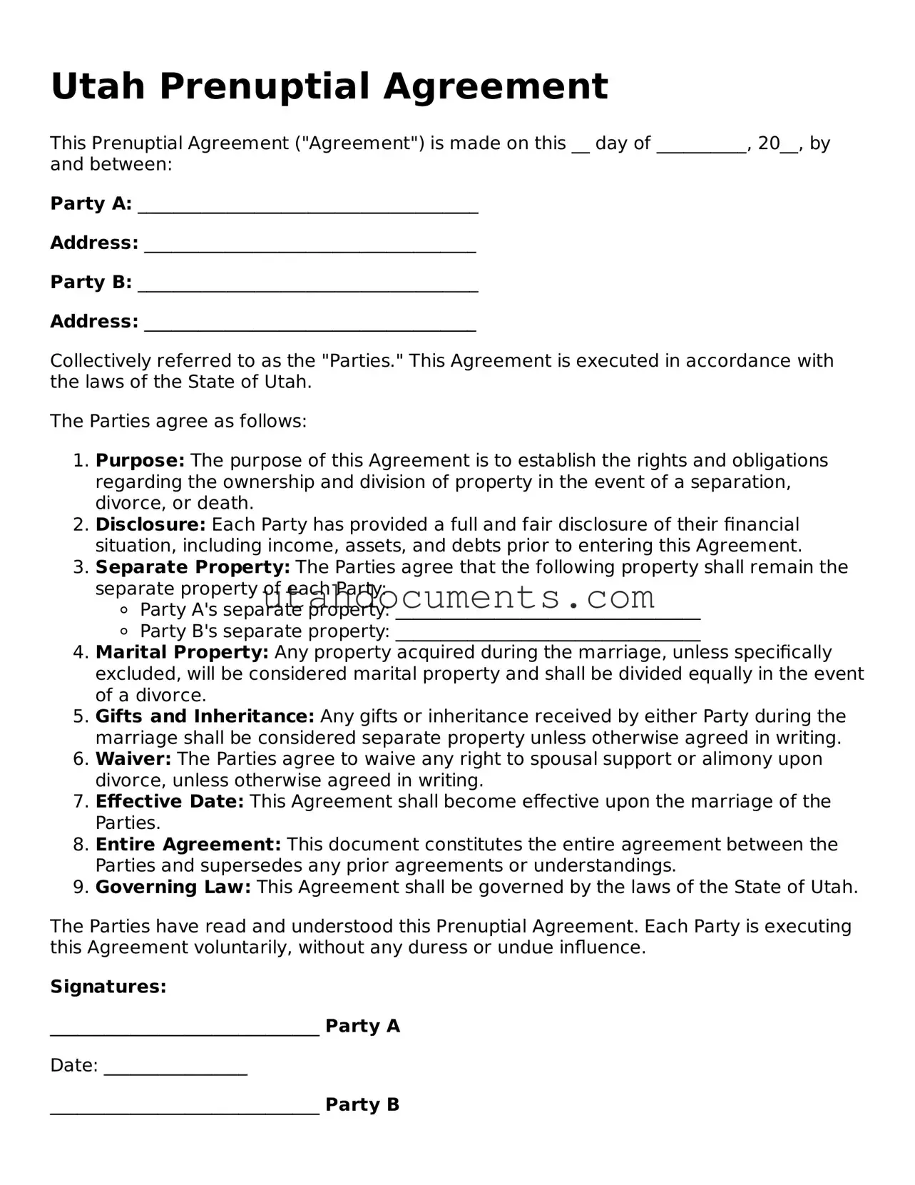 Attorney-Approved  Prenuptial Agreement Document for Utah