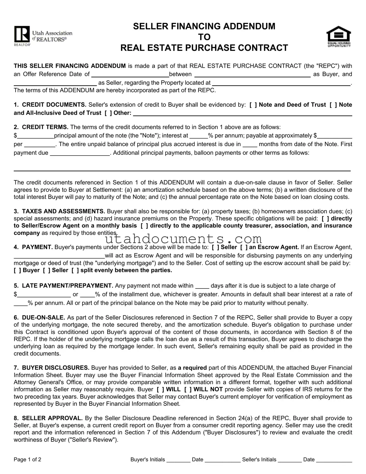 Blank Utah Seller Financing Addendum Form