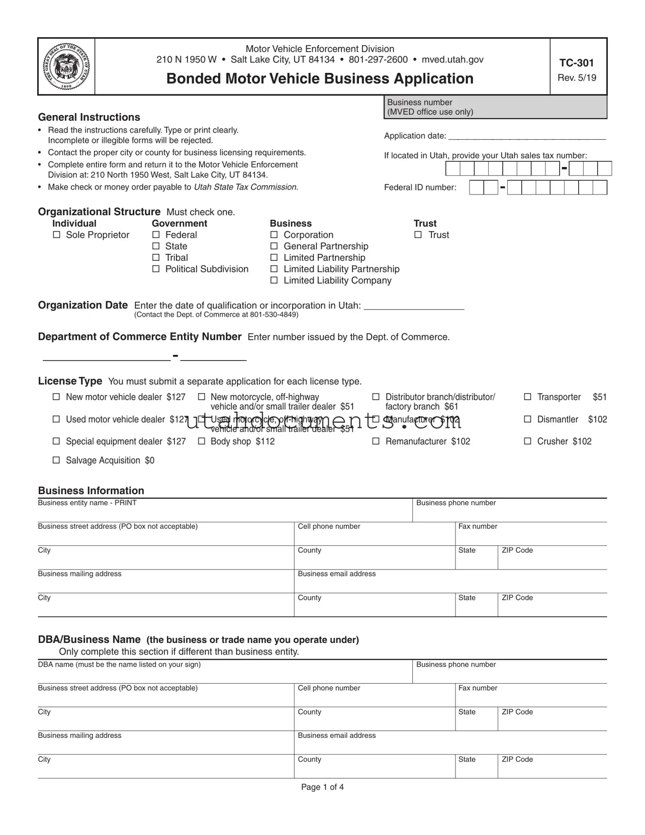 Blank Utah Tc 301 Form
