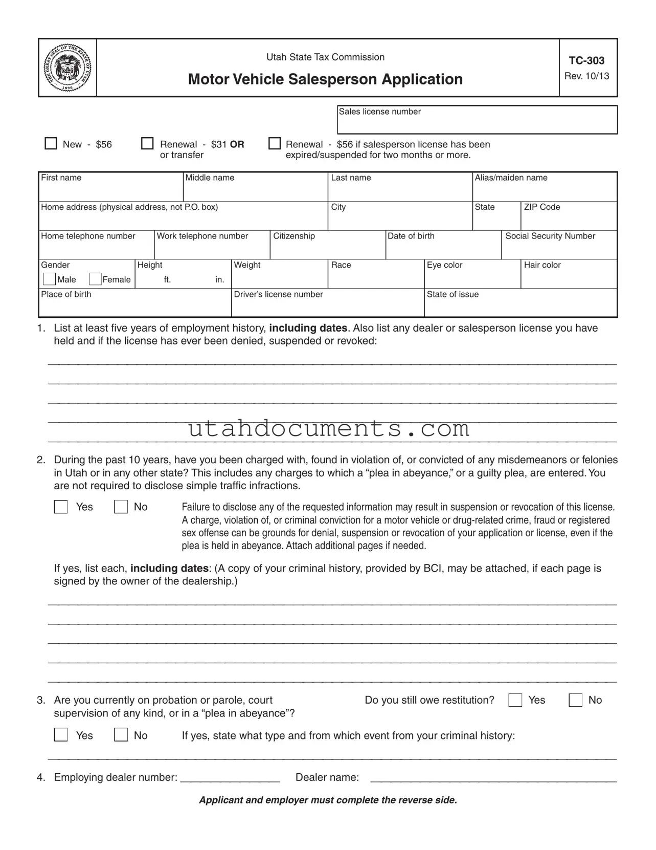 Blank Utah Tc 303 Form