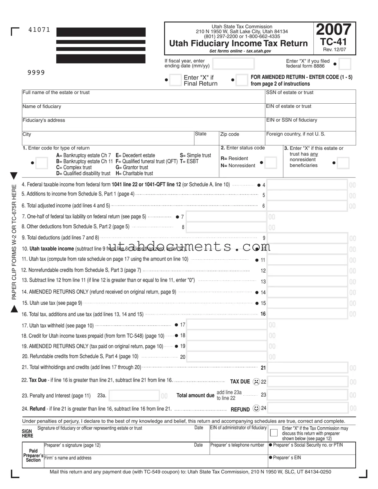 Blank Utah Tc 41 Form