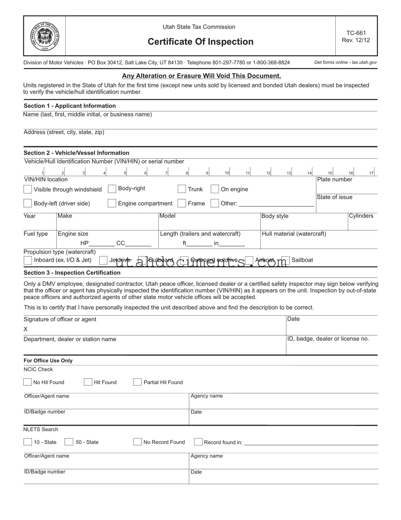 Blank Utah Tc 661 Form