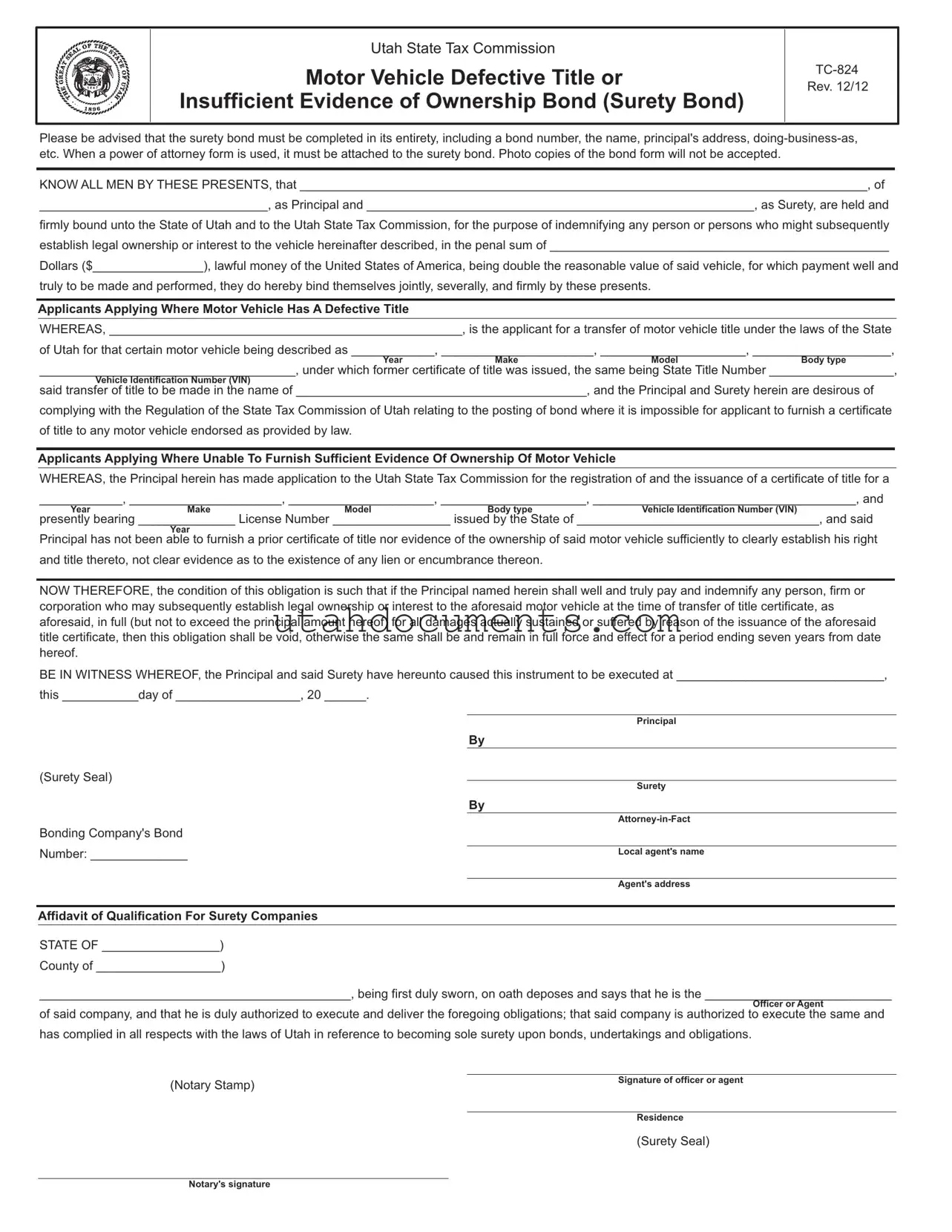 Blank Utah Tc 824 Form