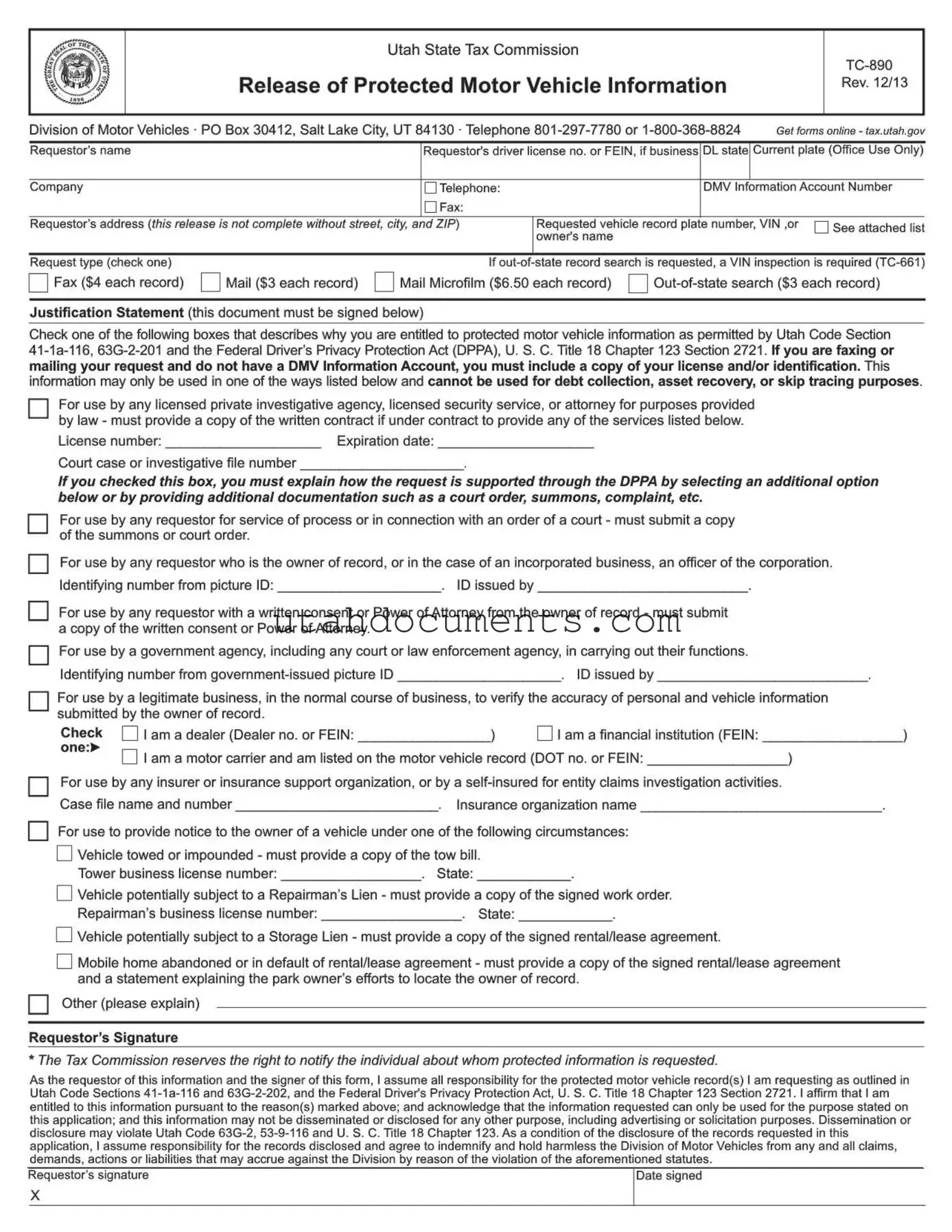 Blank Utah Tc 890 Form