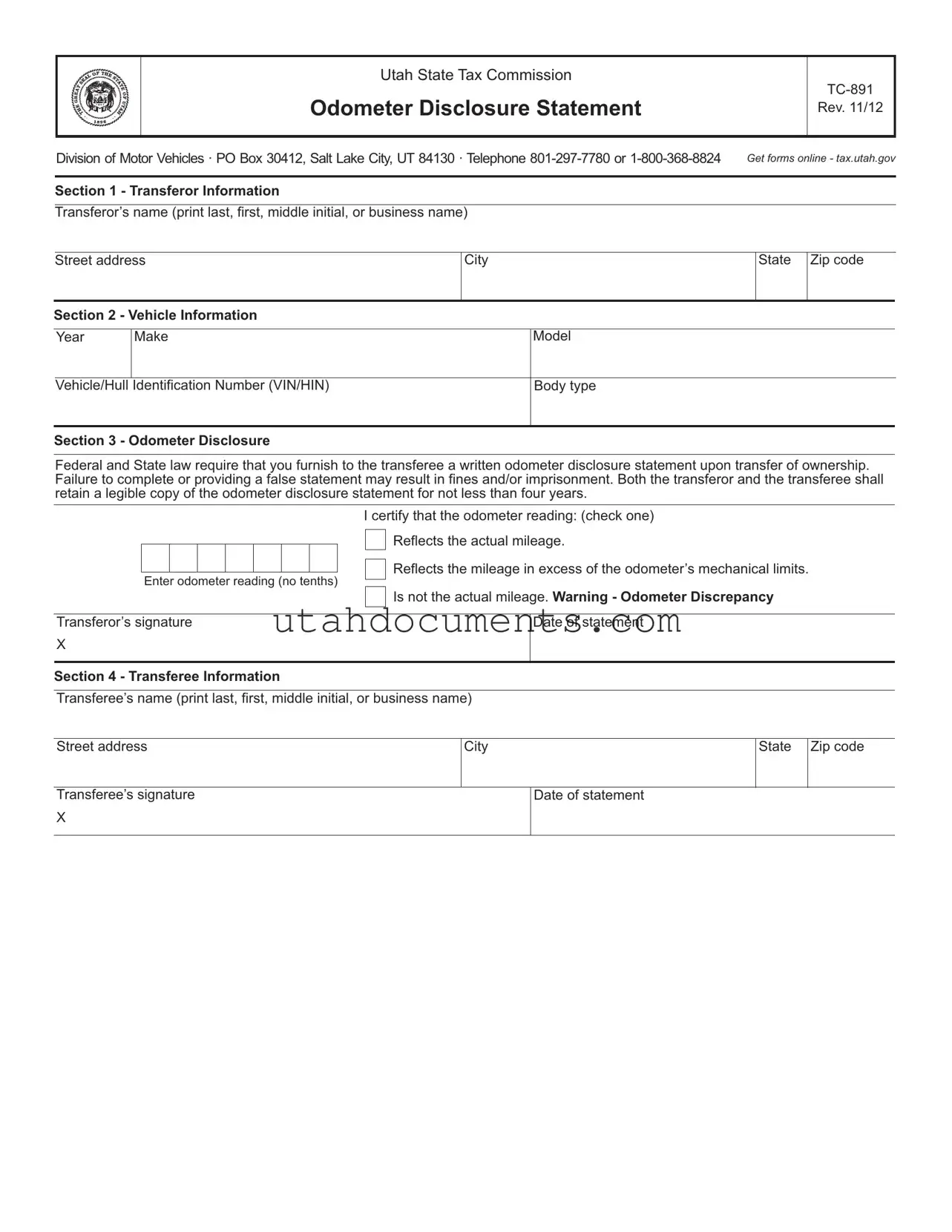 Blank Utah Tc 891 Form