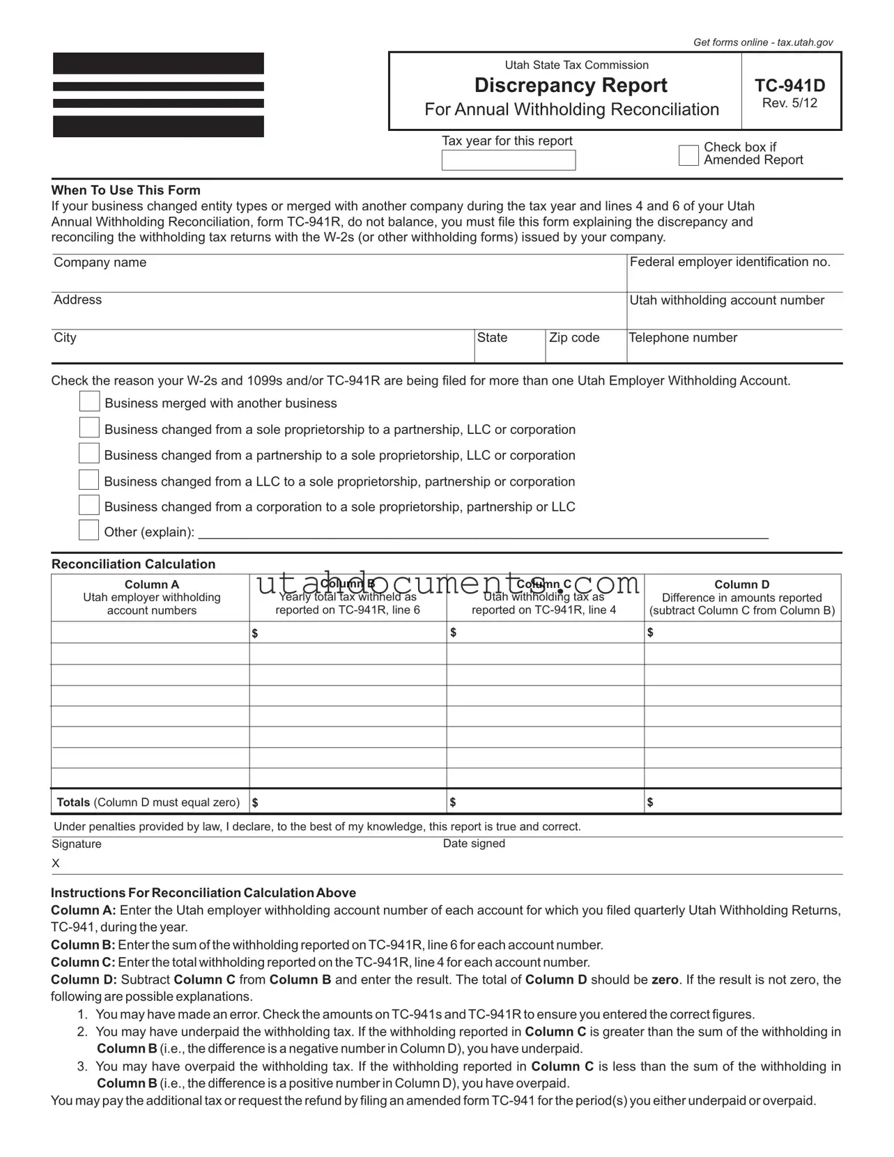 Blank Utah Tc 941D Form