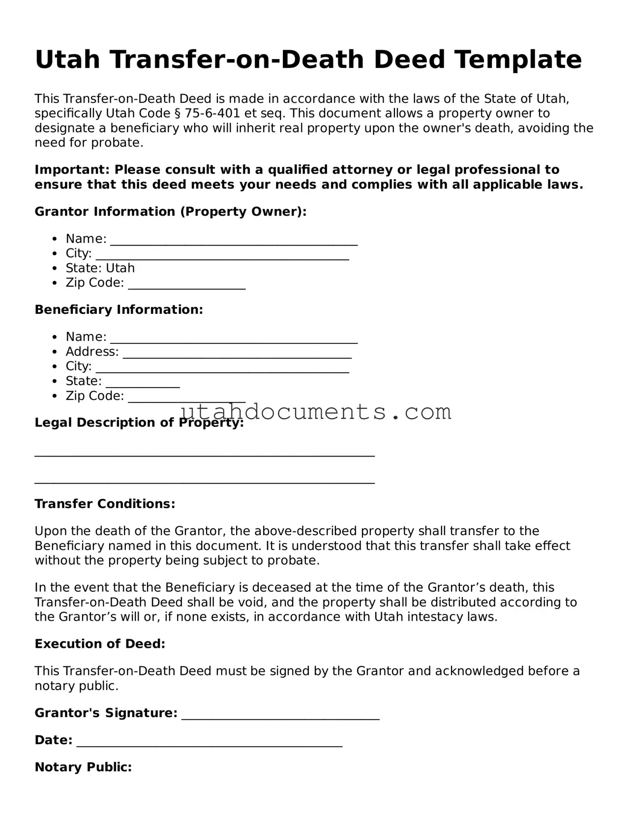 Attorney-Approved  Transfer-on-Death Deed Document for Utah